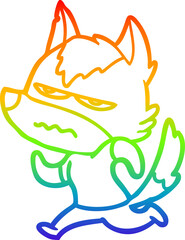 rainbow gradient line drawing of a cartoon annoyed wolf