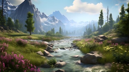 Beautiful panoramic view of the mountains with a river.