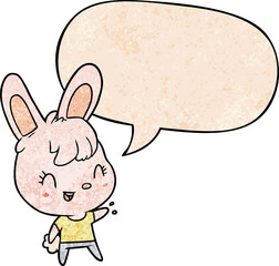 cute cartoon rabbit with speech bubble in retro texture style