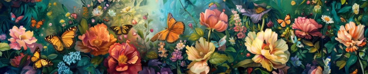 A summer botanical garden with blooming flowers and butterflies, offering a colorful and serene backdrop for nature-inspired designs - obrazy, fototapety, plakaty