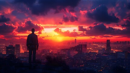 Fototapeta premium Silhouetted Leader Contemplating the City Skyline at Dawn s First Light