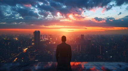 Silhouetted Leader Gazing Over Majestic Cityscape at Dramatic Sunrise Contemplating Opportunities and Vision for the Future - obrazy, fototapety, plakaty