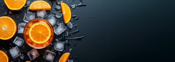 Top view of an orange cocktail with orange slices and ice cubes on dark surface background banner with copy space