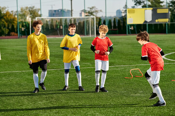 A group of young men is standing proudly on top of a soccer field. They exude confidence and...