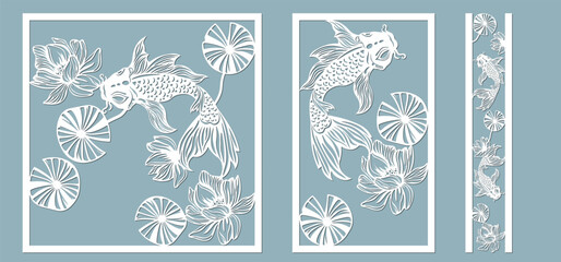 A set of Koi fish illustration frames, laser cutting, printing - obrazy, fototapety, plakaty