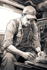 A skilled mechanic, VetalVit, is working diligently on a machine, specifically fixing a coolant leak in a car. The scene takes place in a busy garage setting, with tools and equipment scattered around