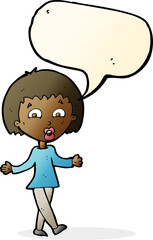 cartoon woman shrugging shoulders with speech bubble
