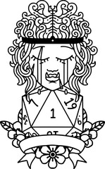 Black and White Tattoo linework Style crying orc barbarian character with natural one D20 roll
