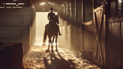 A person riding a horse in a barn. Suitable for equestrian and farm-related projects - obrazy, fototapety, plakaty