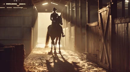 Selbstklebende Fototapeten A person riding a horse in a barn. Suitable for equestrian and farm-related projects © Fotograf