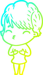 cold gradient line drawing of a cartoon woman thinking