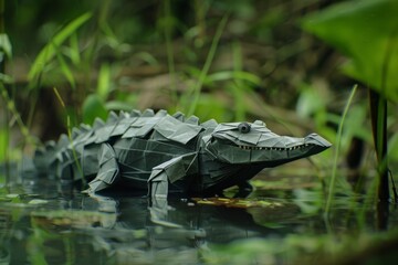 Drifting through a realistic mangrove swamp, an origami crocodile lurks, its paper scales detailed to match the stealth and danger of its real counterpart - obrazy, fototapety, plakaty