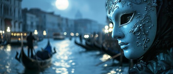 Enigmatic white mask overlooking a moonlit Venetian canal, gondolas in soft focus - obrazy, fototapety, plakaty