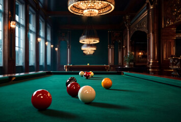 Background of russian billiard game table in club indoors. Billiards cue and balls on green billiards table. Leisure activity and gambling billiard game sport concept. Copy text space for advertising - obrazy, fototapety, plakaty