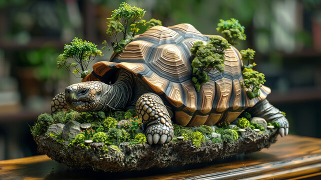 Pixelated giant tortoise carrying a miniature forest on its back