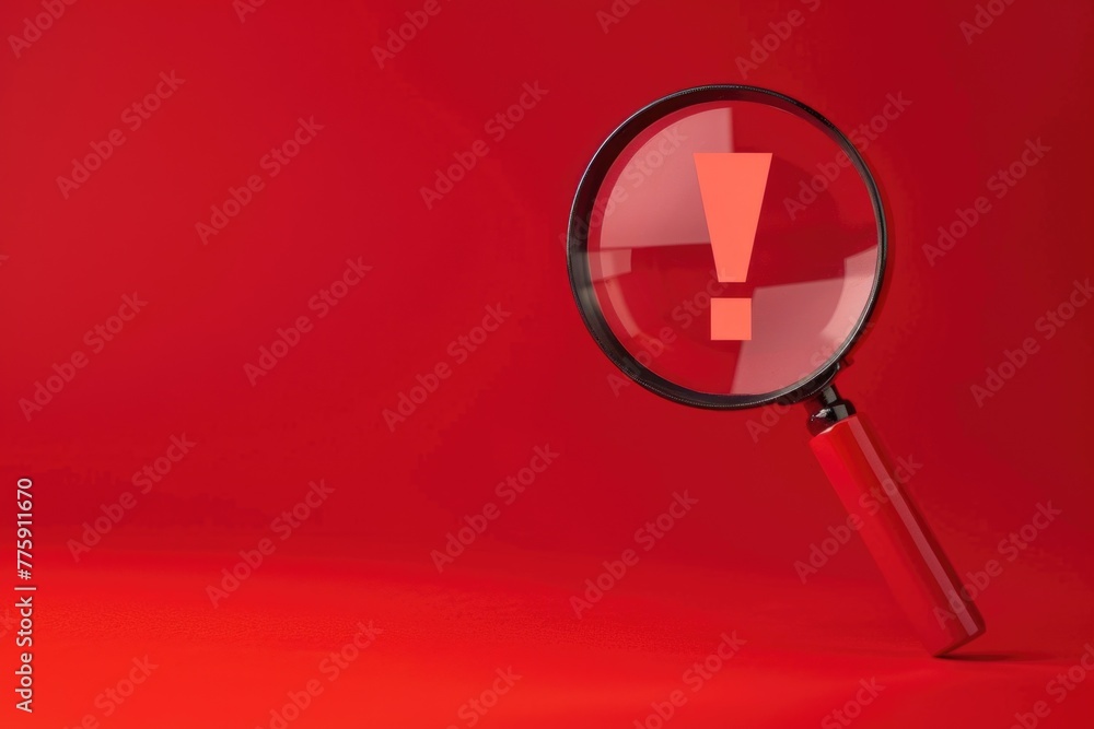 Poster Close up of a magnifying glass on a red surface, suitable for various concepts and designs