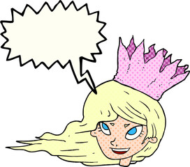 freehand drawn comic book speech bubble cartoon woman with blowing hair