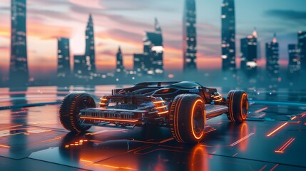 Sleek electric vehicle chassis, phantom view, on a futuristic cityscape background, twilight ambiance - obrazy, fototapety, plakaty