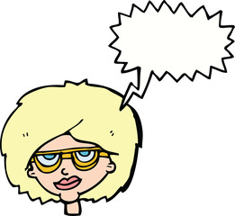 cartoon woman wearing spectacles with speech bubble