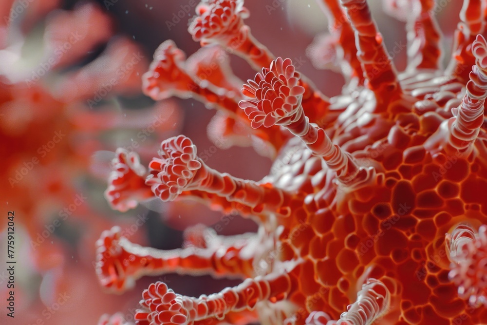 Poster Detailed image of a red and white virus. Suitable for medical and scientific concepts