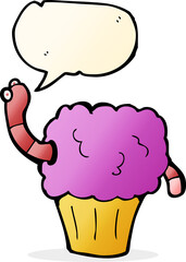 cartoon worm in cupcake with speech bubble