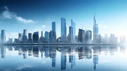 Fototapeta premium Modern skyscrapers of a smart city, futuristic financial district, graphic perspective of buildings and reflections - Architectural blue background for corporate and business brochure template.