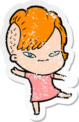 distressed sticker of a cute cartoon girl with hipster haircut