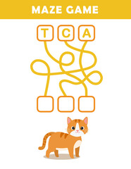 Word maze worksheet for kids with cute cat illustration. Labyrinth game for preschool children. Fun spelling practice activity.	