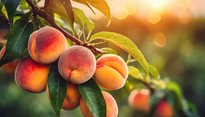 Close-up of ripe and juicy peaches growing on branch with green leaves. Garden fruit tree