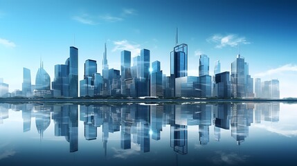 Obraz premium Modern skyscrapers of a smart city, futuristic financial district, graphic perspective of buildings and reflections - Architectural blue background for corporate and business brochure template.