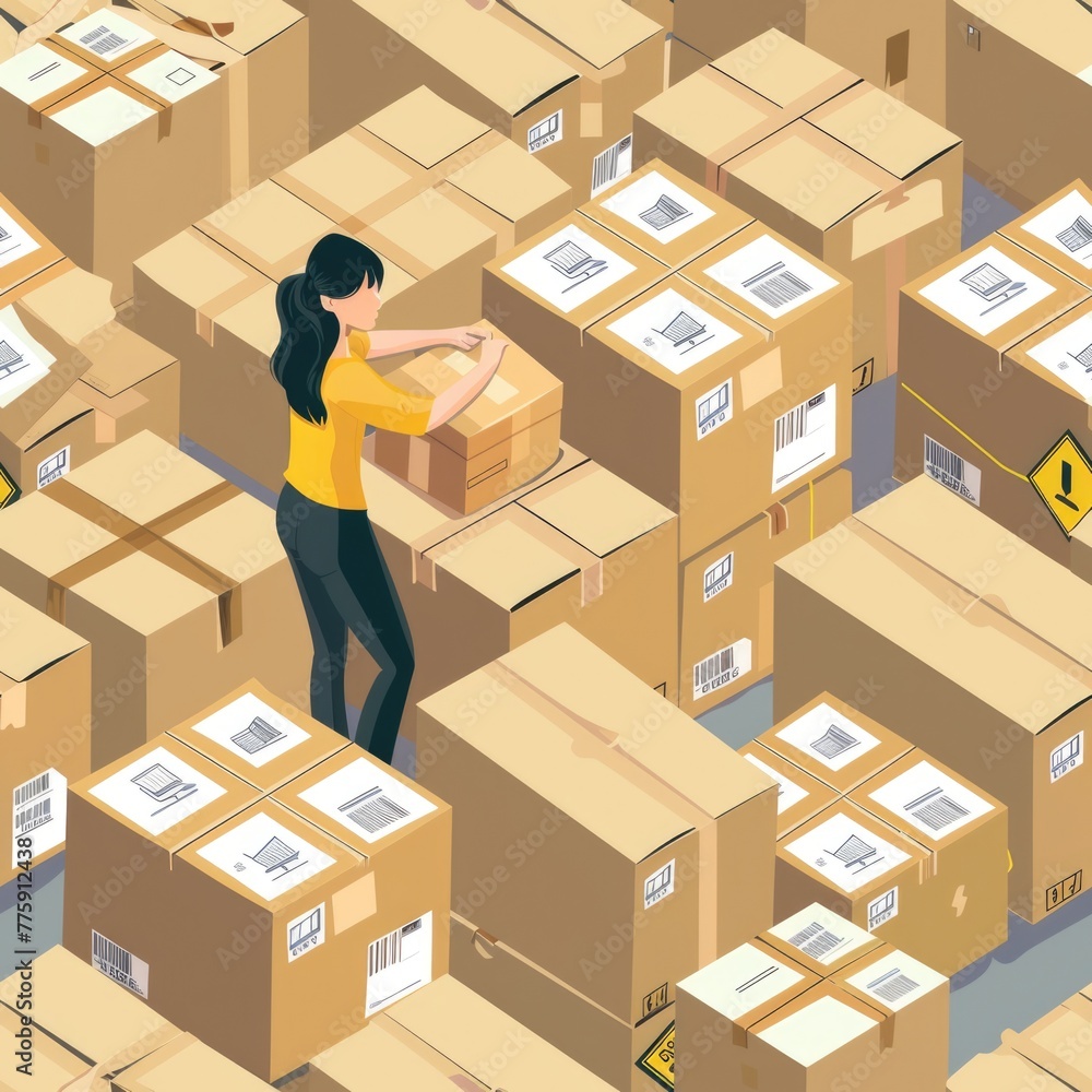 Poster a woman standing in front of a large amount of boxes. suitable for logistics and storage concepts