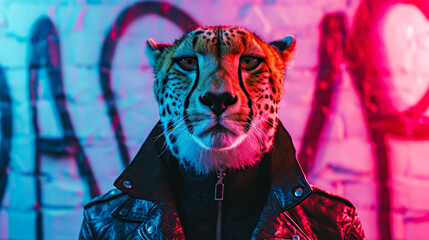 Sleek cheetah adorned with tribal tattoos, wearing a leather jacket, against an urban graffiti backdrop, lit with neon lights, exuding urban chic and speed - obrazy, fototapety, plakaty