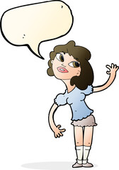 cartoon woman waving with speech bubble