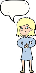 cartoon happy woman with speech bubble