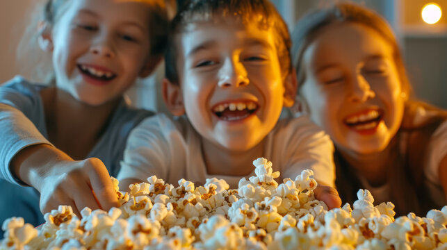 Three smiling, playful kids having a blast with scattered popcorn, sharing joyful and fun moments together