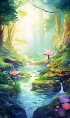 Fototapeta premium Detailed watercolor painting of a path in the forest with tall trees, a lake and mushrooms, sunlight, green foliage, nature invitation card, wallpaper, banner 