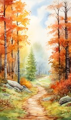 Detailed watercolor painting, Bright yellow orange autumn enchanted magical forest with tall trees, nature invitation card, wallpaper, banner