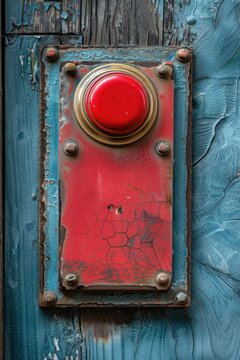 Close up of a red button on a wooden door, suitable for technology or security concepts