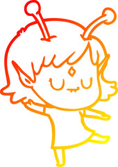 warm gradient line drawing of a cartoon alien girl