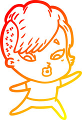 Fototapeta premium warm gradient line drawing of a cartoon surprised girl pointing