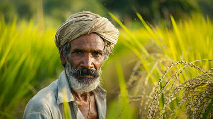 An indian farmer in a paddy field.