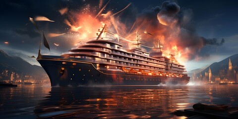 Cruise ship in the sea at night. 3d rendering. - Powered by Adobe