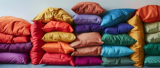 Minimalist, colorful array of pillows stacked like a fortress, awaiting a playful pillow fight