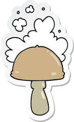 sticker of a cartoon mushroom with spore cloud