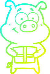 cold gradient line drawing of a happy cartoon pig holding christmas present
