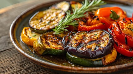 Artful Presentation of Grilled Vegetables with Fresh Herbs, A Flavor-Packed Plant-Based Dish - obrazy, fototapety, plakaty