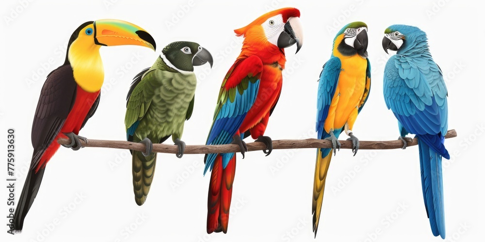 Poster group of colorful birds perched on a branch. suitable for nature and wildlife themes
