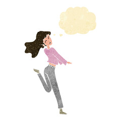 cartoon happy girl kicking out leg with thought bubble