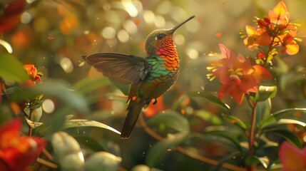 A beautiful hummingbird perched among vibrant flowers. Perfect for nature and wildlife themes