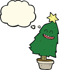 cartoon dancing christmas tree with thought bubble